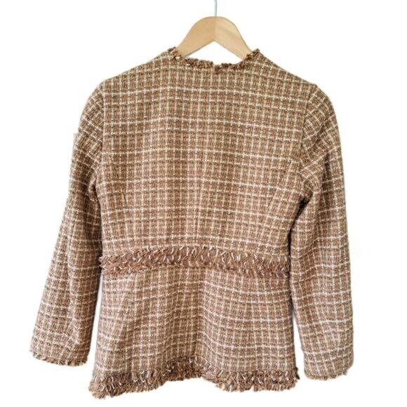 BROOKS BROTHERS Boucle Tweed Fringe Jacket Collarless Blazer Sz 4 Brown Tan Fall - Picture 10 of 10